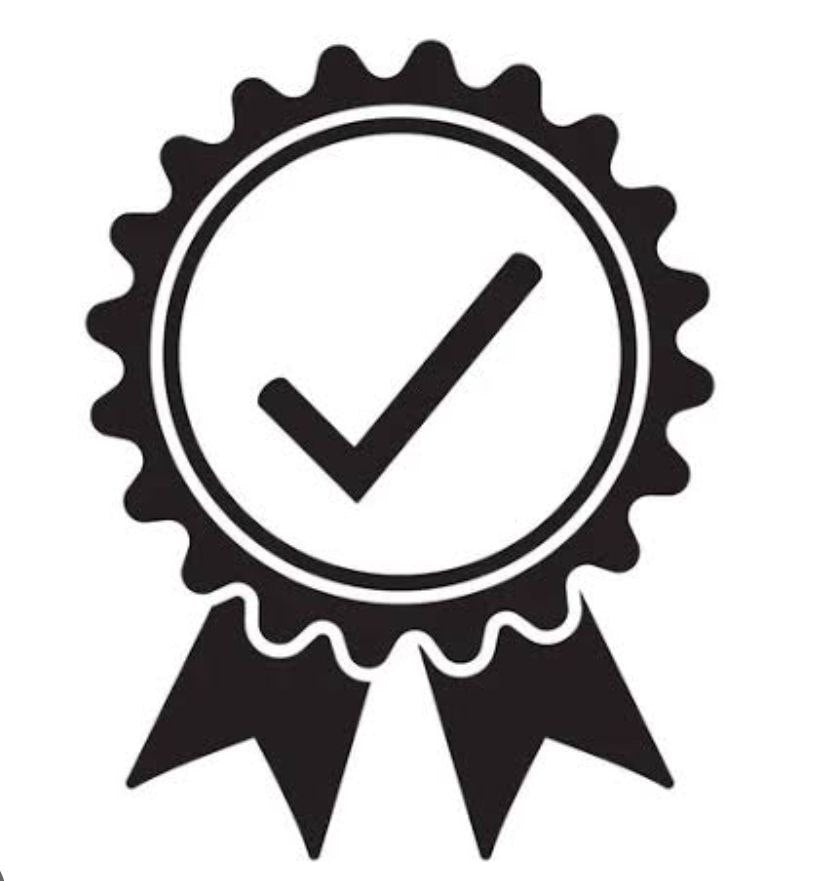 Black and white emblem with a check mark in the center on a white background